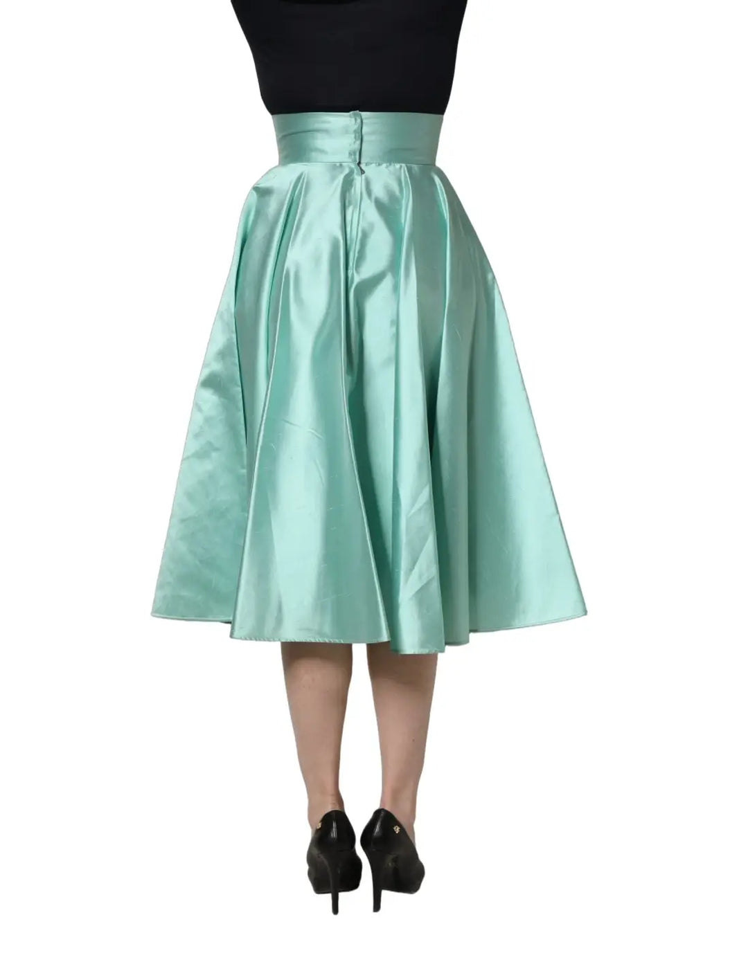 Dolce &amp; Gabbana Green Satin High-Waisted Pleated A-line Midi Skirt
