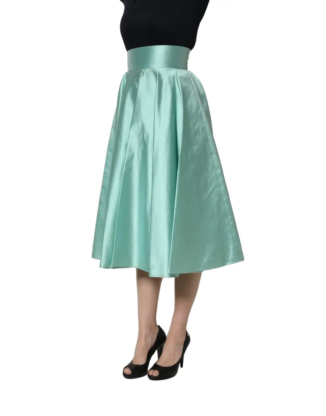 Dolce &amp; Gabbana Green Satin High-Waisted Pleated A-line Midi Skirt