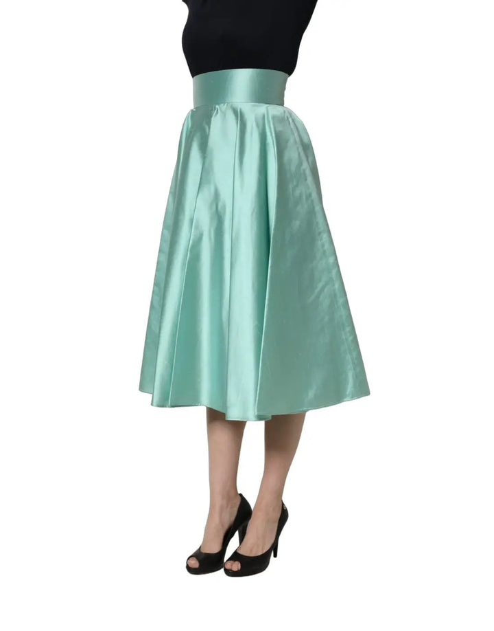 Dolce &amp; Gabbana Green Satin High-Waisted Pleated A-line Midi Skirt