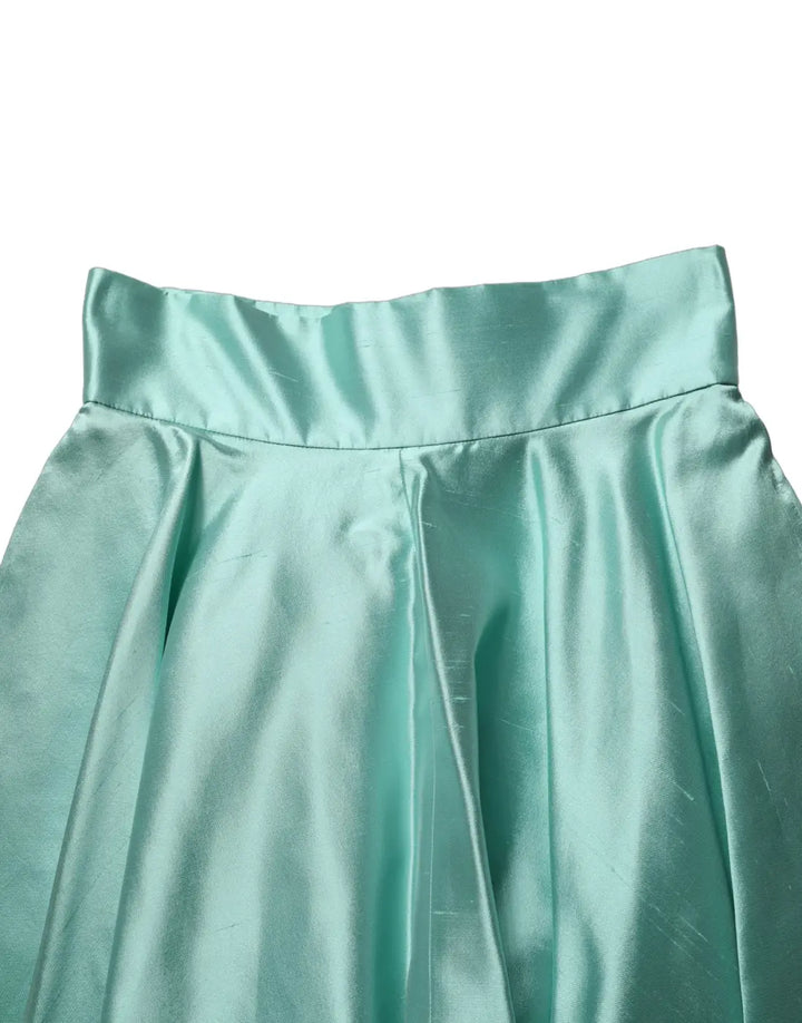 Dolce &amp; Gabbana Green Satin High-Waisted Pleated A-line Midi Skirt
