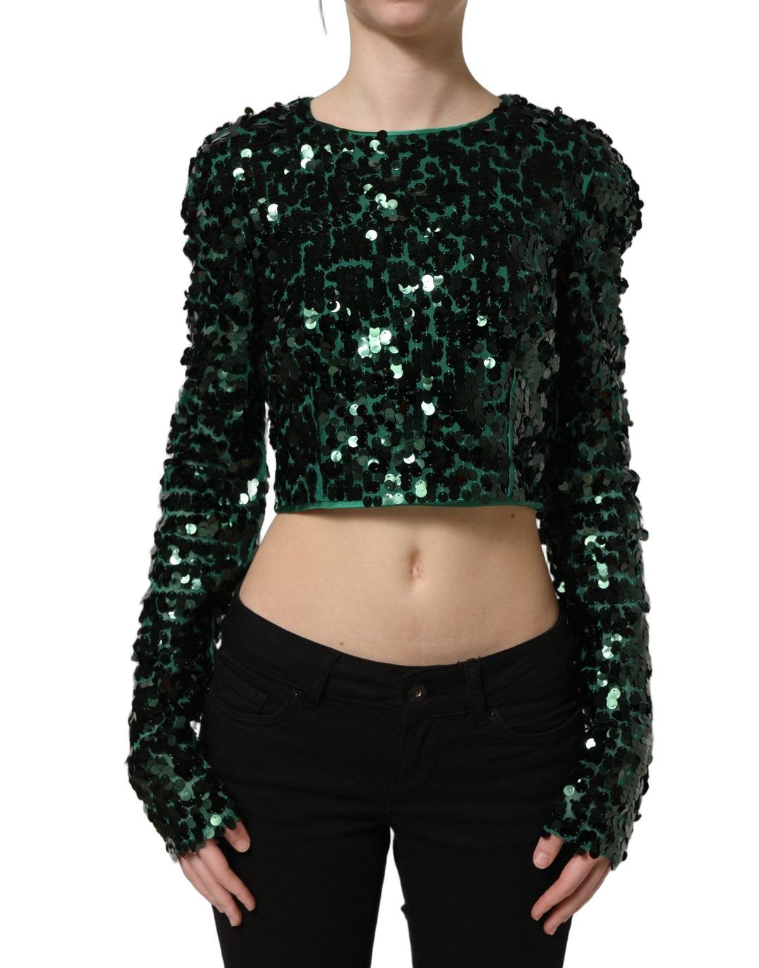 Dolce &amp; Gabbana - Green Sequined Long Sleeves Crop Blouse Top