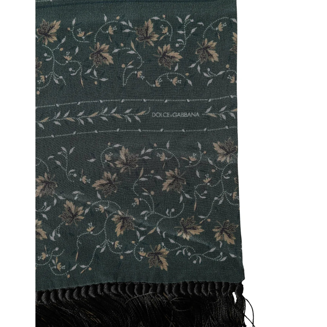 Dolce &amp; Gabbana Green Silk Floral Pattern Fringed 135cm X 16cm Scarf