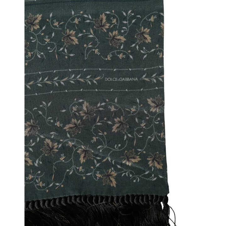 Dolce &amp; Gabbana Green Silk Floral Pattern Fringed 135cm X 16cm Scarf