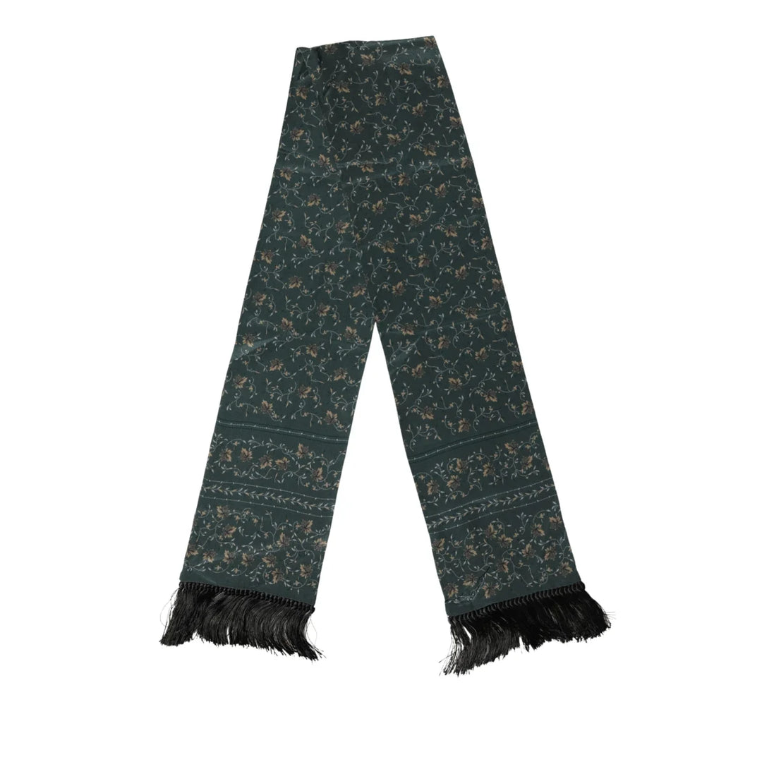 Dolce &amp; Gabbana Green Silk Floral Pattern Fringed 135cm X 16cm Scarf