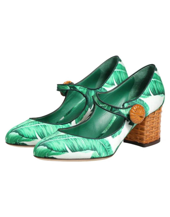 Dolce &amp; Gabbana Green Silk MARY JANES Leaf Sandals Shoes