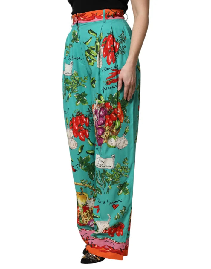 Dolce &amp; Gabbana Green Silk Printed Straight Pants