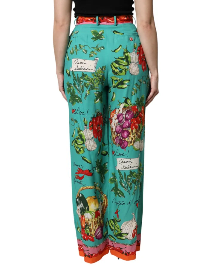 Dolce &amp; Gabbana Green Silk Printed Straight Pants