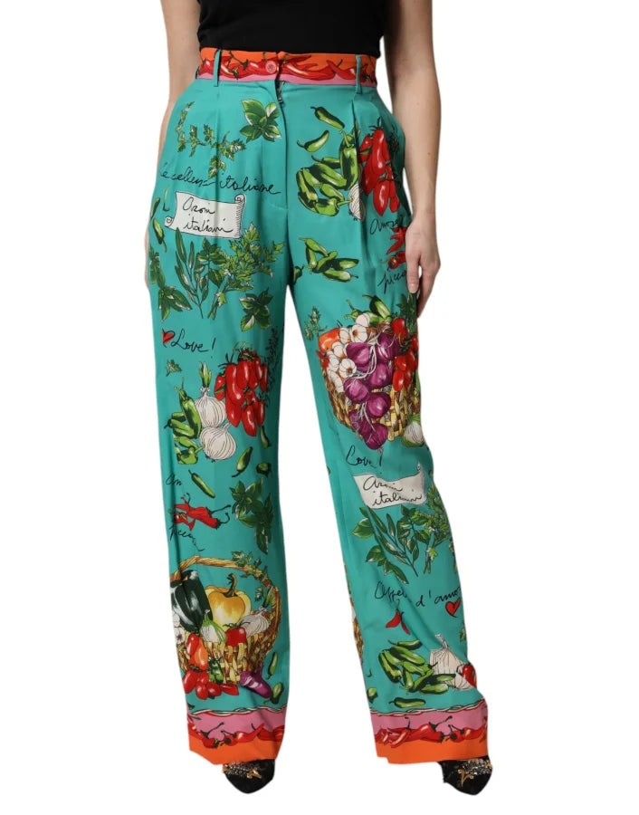 Dolce &amp; Gabbana Green Silk Printed Straight Pants