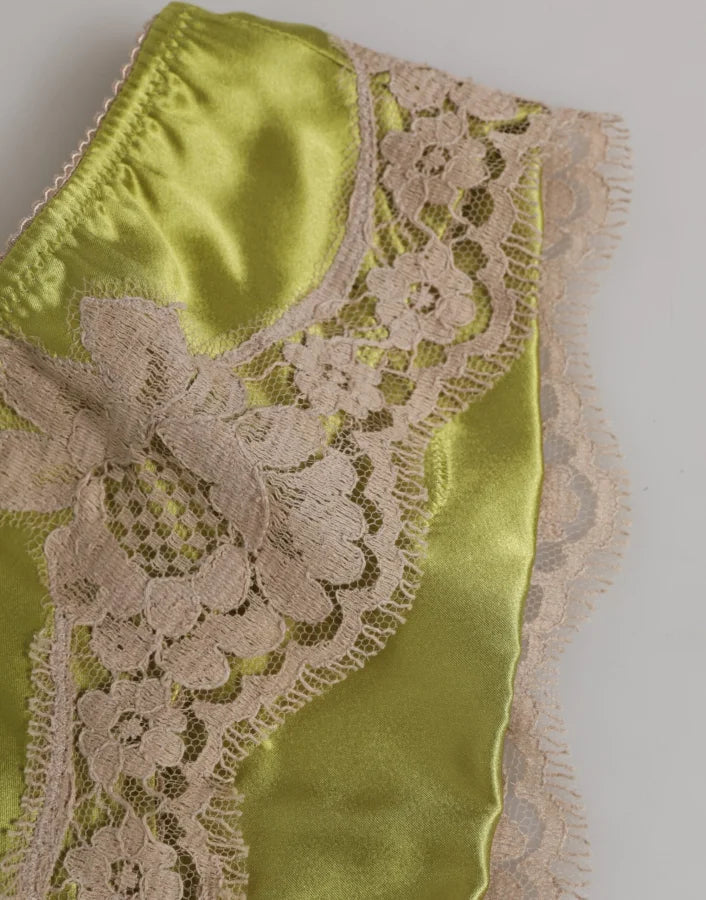 Dolce &amp; Gabbana Green Silk Satin Floral Lace Trim Panty Underwear
