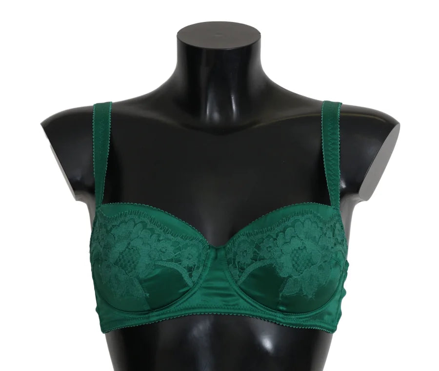 Dolce &amp; Gabbana Green Silk Stretch Floral Lace Bra Underwear