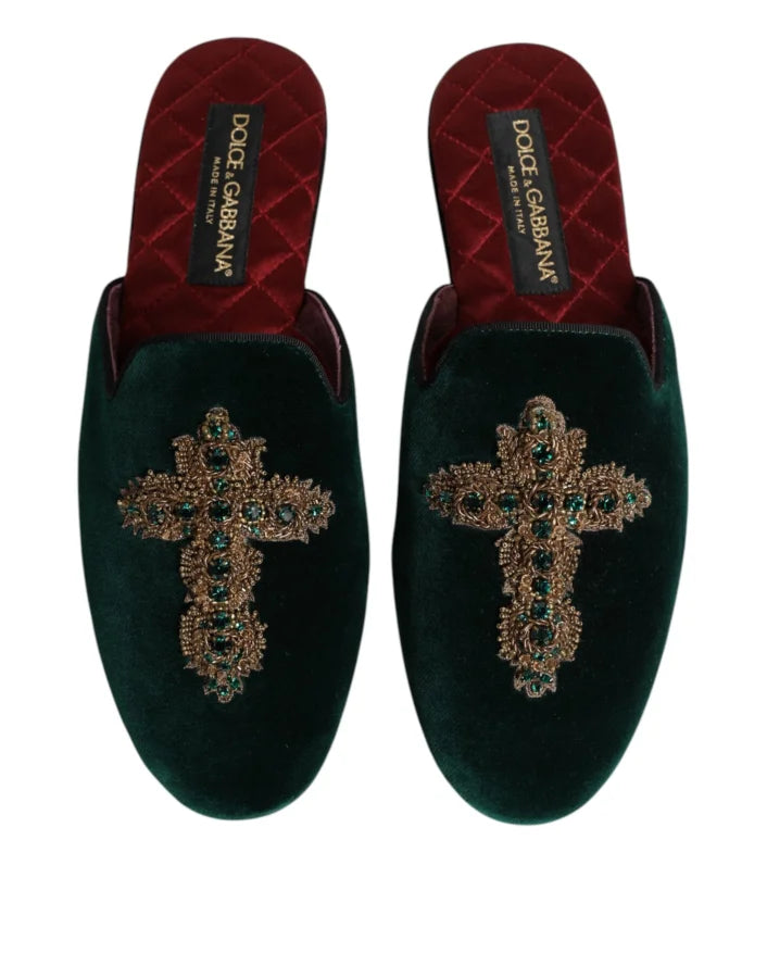 Dolce &amp; Gabbana Green Velvet Cross Embellished Slippers Shoes