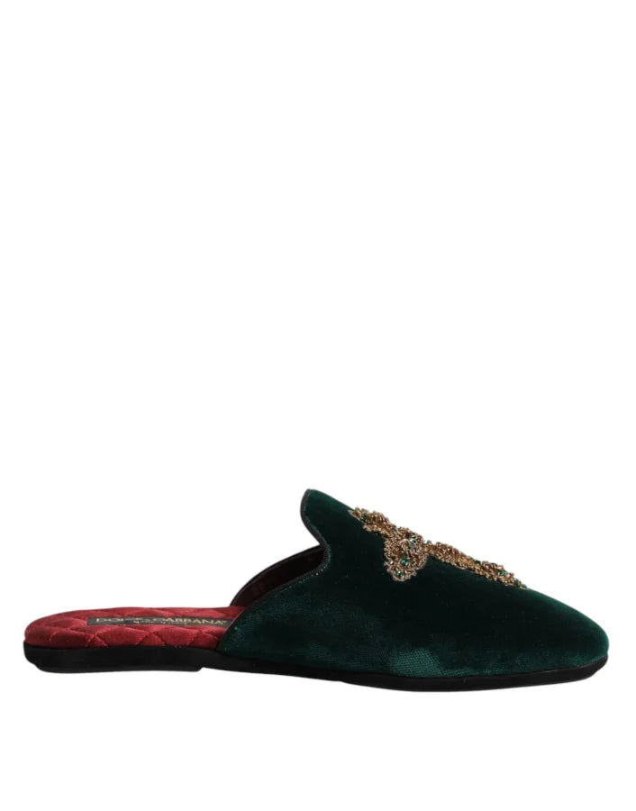 Dolce &amp; Gabbana Green Velvet Cross Embellished Slippers Shoes