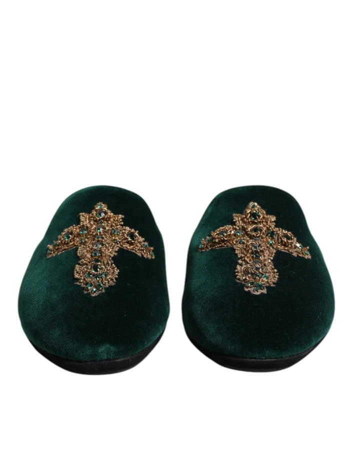 Dolce &amp; Gabbana Green Velvet Cross Embellished Slippers Shoes