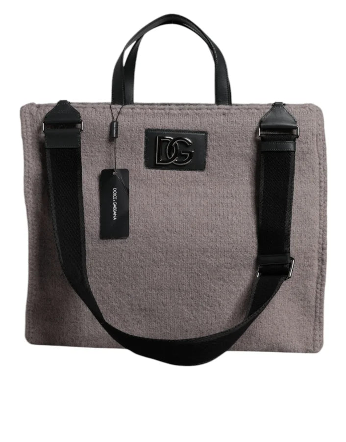 Dolce &amp; Gabbana Grey Alpaca Wool Logo Plaque Tote Shoulder Bag
