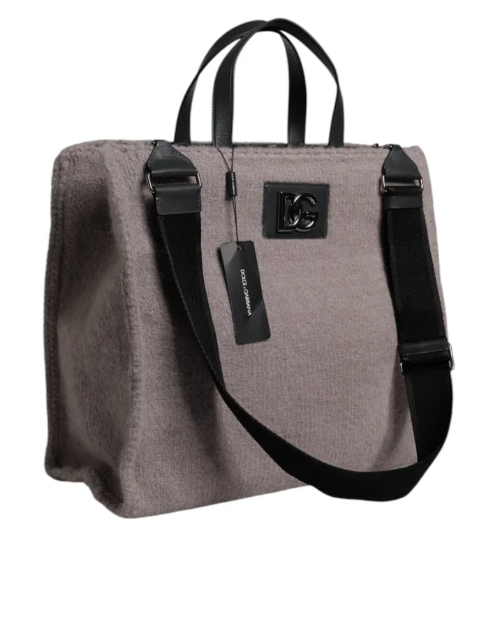 Dolce &amp; Gabbana Grey Alpaca Wool Logo Plaque Tote Shoulder Bag