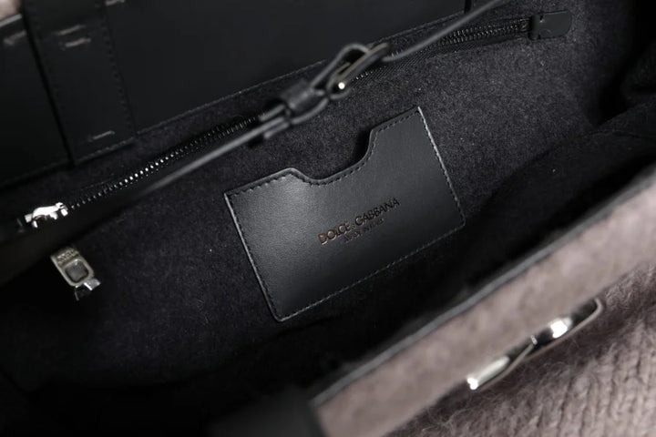 Dolce &amp; Gabbana Grey Alpaca Wool Logo Plaque Tote Shoulder Bag