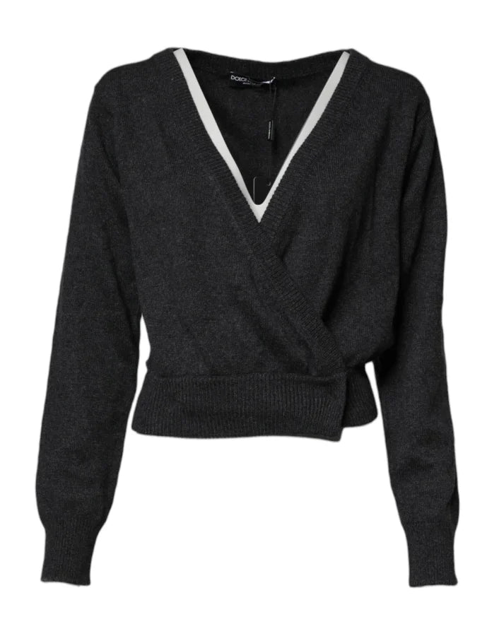 Dolce &amp; Gabbana Grey Cashmere Deep V-neck Pullover Sweater