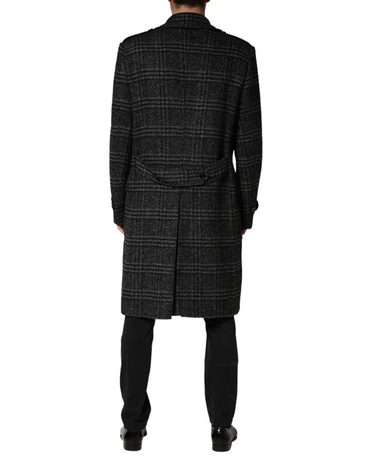 Dolce &amp; Gabbana Grey Double Breasted Plaid Wool Coat Jacket