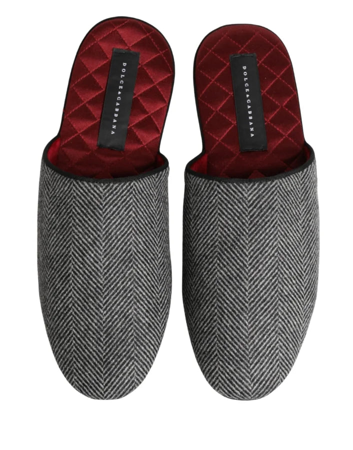 Dolce &amp; Gabbana Grey Herringbone Cashmere Red Slippers Shoes