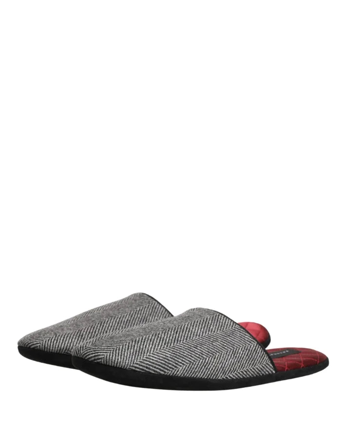 Dolce &amp; Gabbana Grey Herringbone Cashmere Red Slippers Shoes