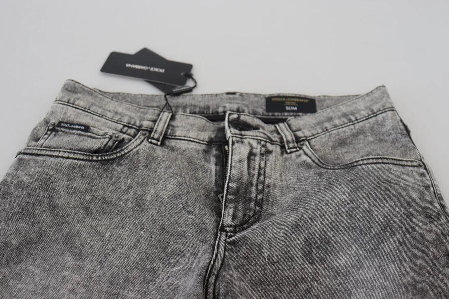 Dolce &amp; Gabbana Grey Washed Cotton Slim Fit Men Denim Jeans
