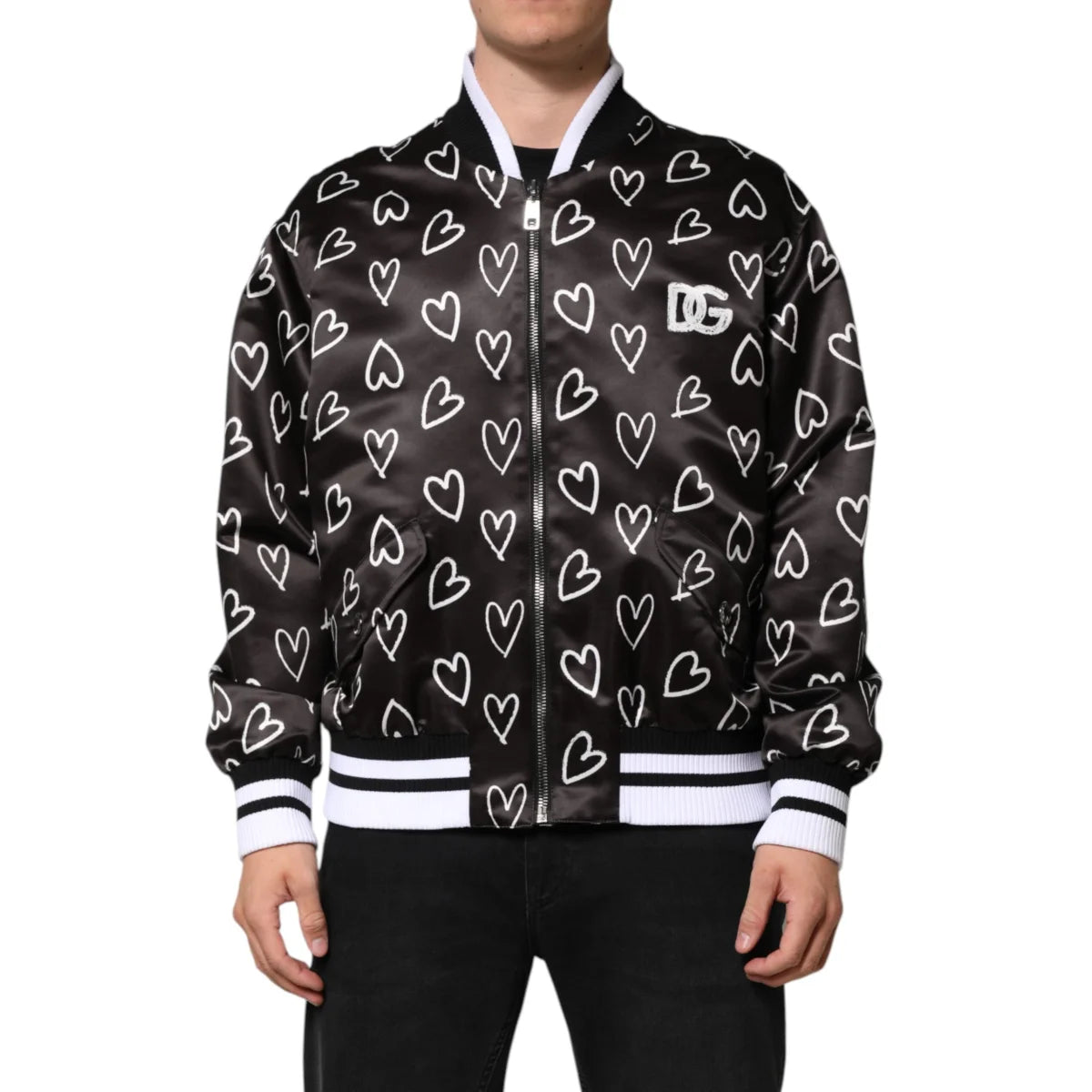 Dolce Gabbana Heart Print Bomber Jacket Long Sleeve Zip Up &