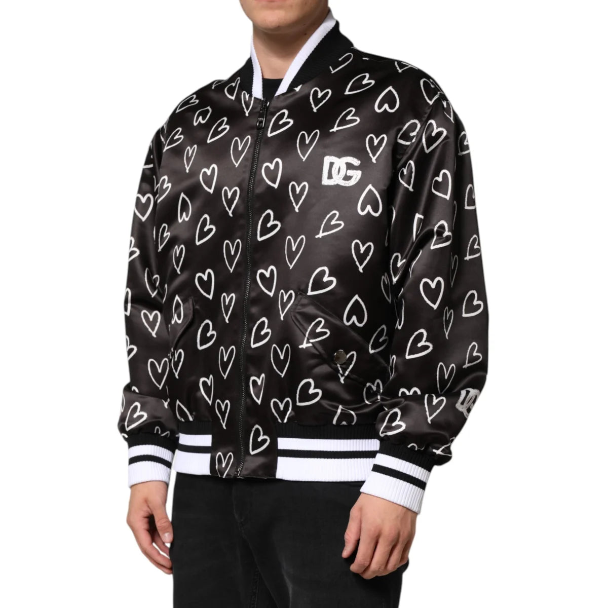 Dolce Gabbana Heart Print Bomber Jacket Long Sleeve Zip Up &
