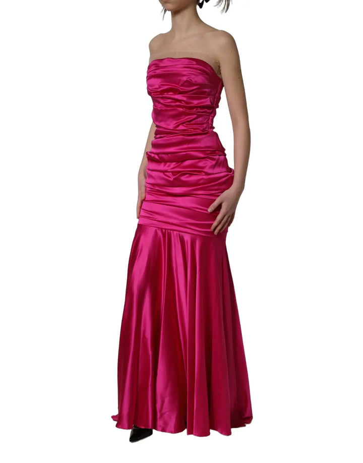 Dolce &amp; Gabbana Hot Pink Ruched Satin Strapless Gown Dress