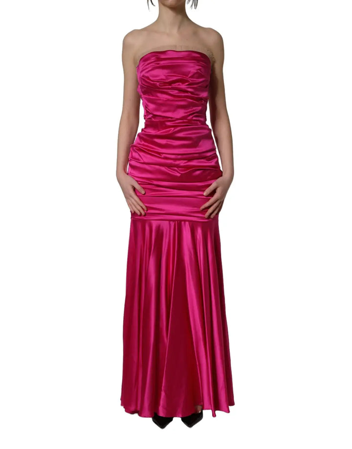 Dolce &amp; Gabbana Hot Pink Ruched Satin Strapless Gown Dress