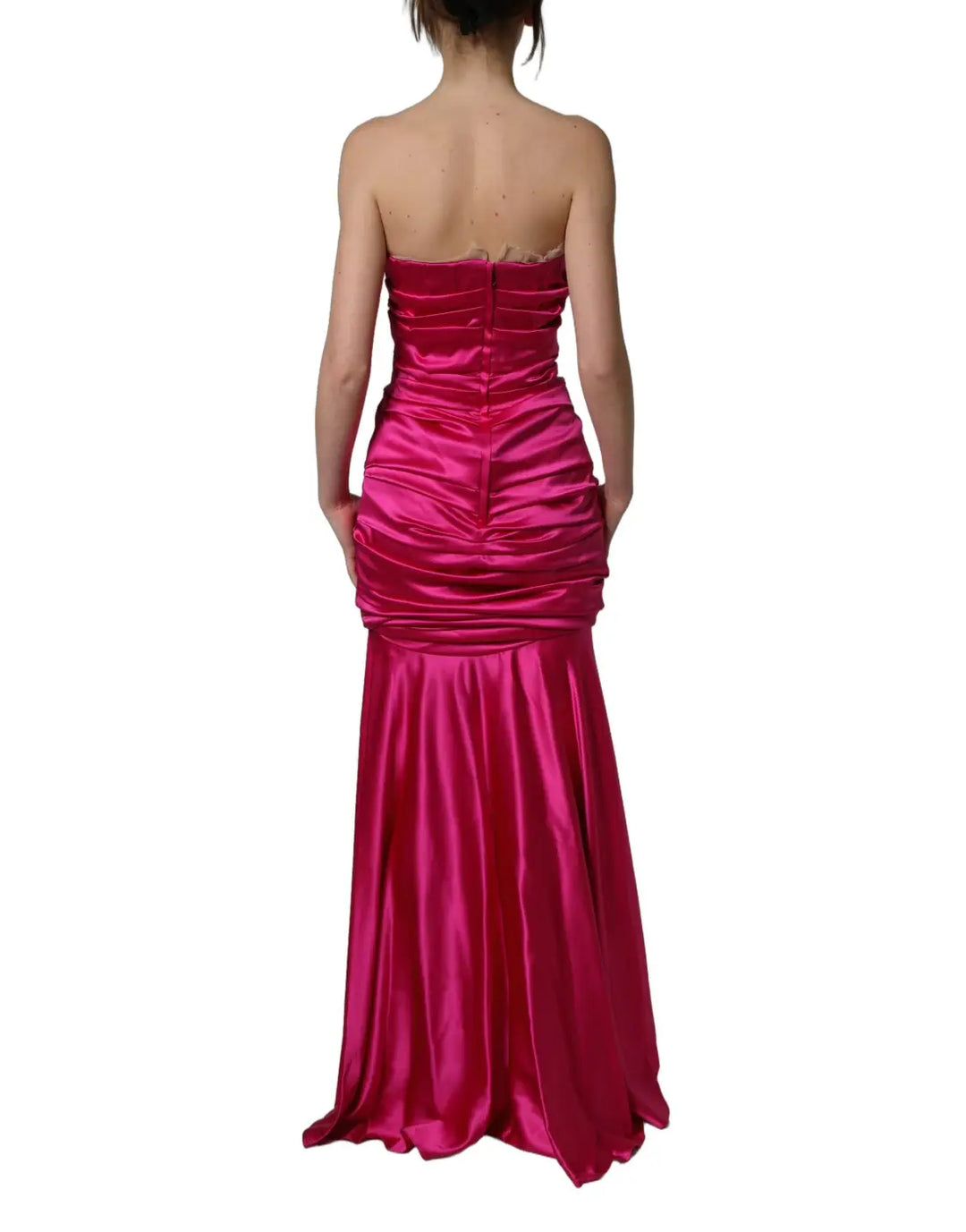 Dolce &amp; Gabbana Hot Pink Ruched Satin Strapless Gown Dress