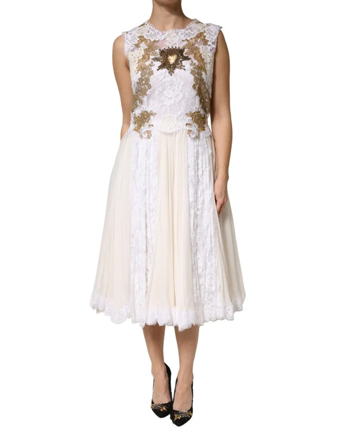 Dolce &amp; Gabbana Ivory Lace Silk Embellished Sleeveless Dress