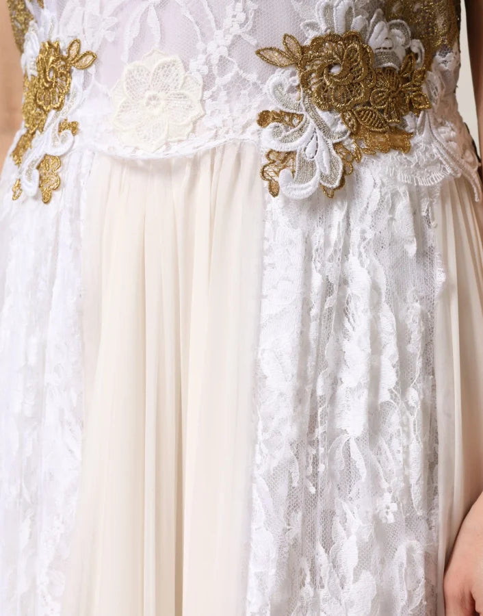 Dolce &amp; Gabbana Ivory Lace Silk Embellished Sleeveless Dress