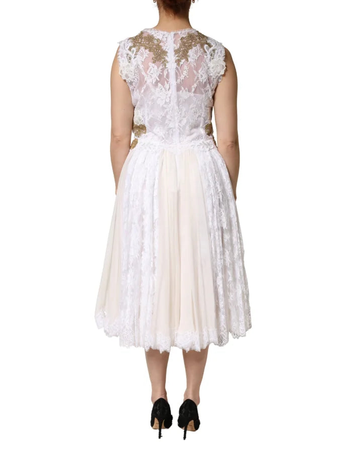 Dolce &amp; Gabbana Ivory Lace Silk Embellished Sleeveless Dress