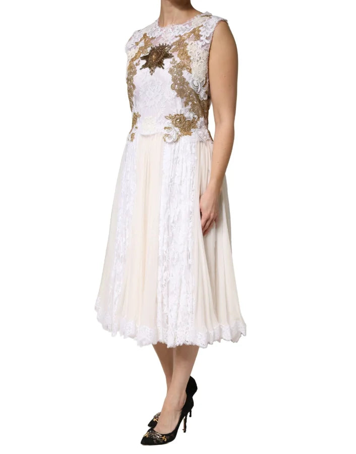 Dolce &amp; Gabbana Ivory Lace Silk Embellished Sleeveless Dress
