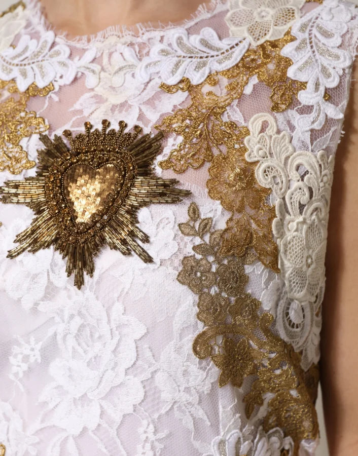 Dolce &amp; Gabbana Ivory Lace Silk Embellished Sleeveless Dress