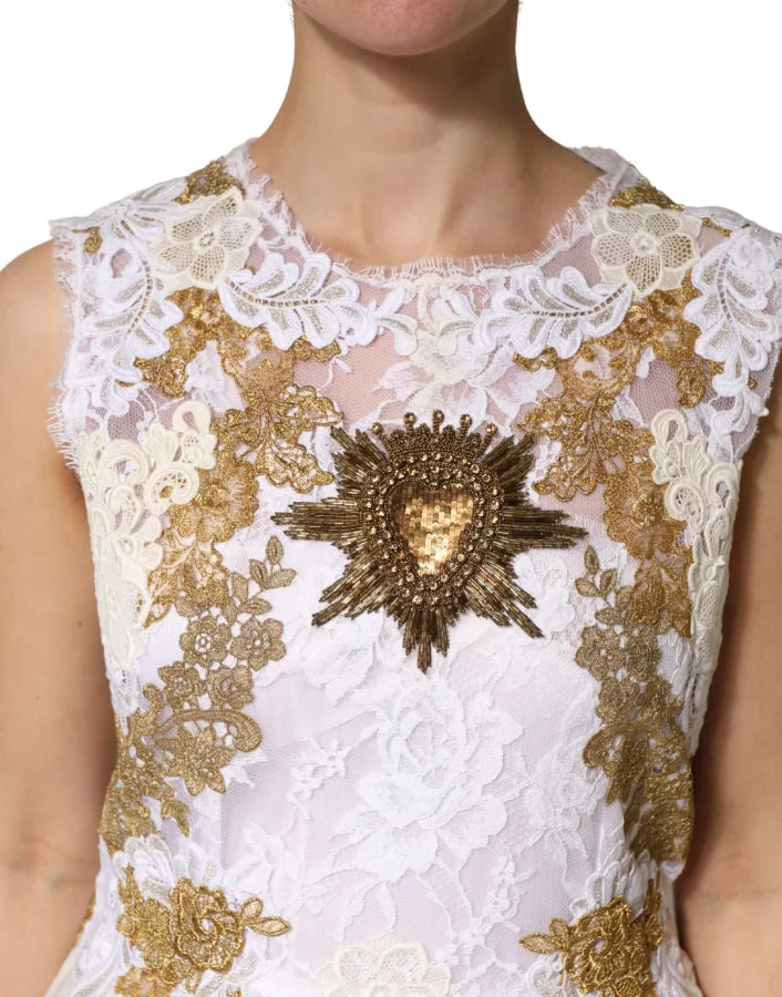 Dolce &amp; Gabbana Ivory Lace Silk Embellished Sleeveless Dress