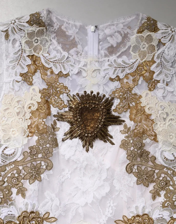 Dolce &amp; Gabbana Ivory Lace Silk Embellished Sleeveless Dress