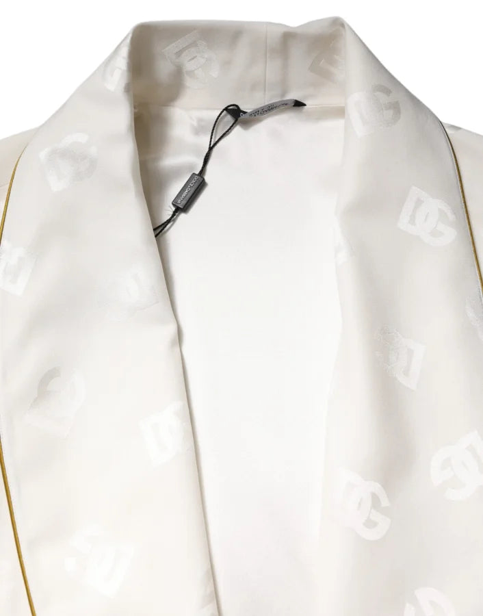 Dolce &amp; Gabbana Ivory Silk Logo Men Wrap Robe Coat Jacket
