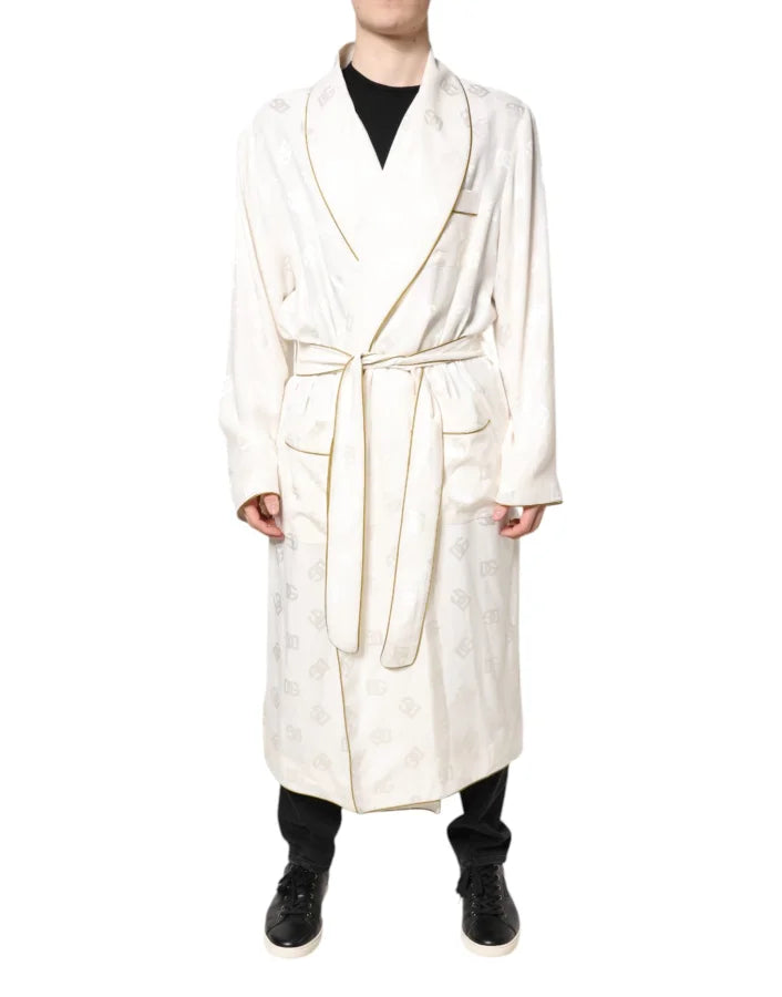 Dolce &amp; Gabbana Ivory Silk Logo Men Wrap Robe Coat Jacket