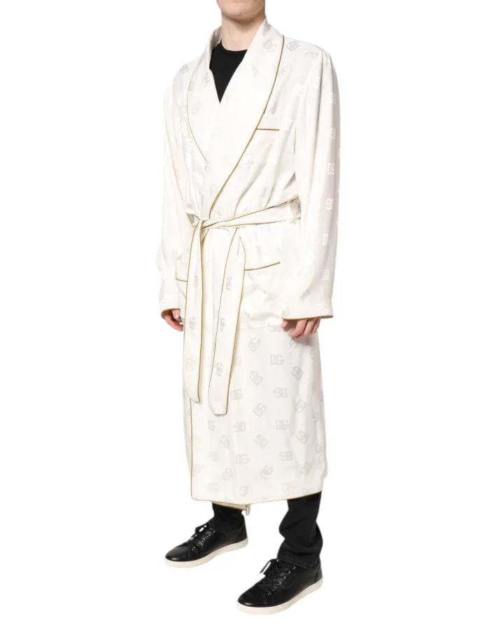 Dolce &amp; Gabbana Ivory Silk Logo Men Wrap Robe Coat Jacket