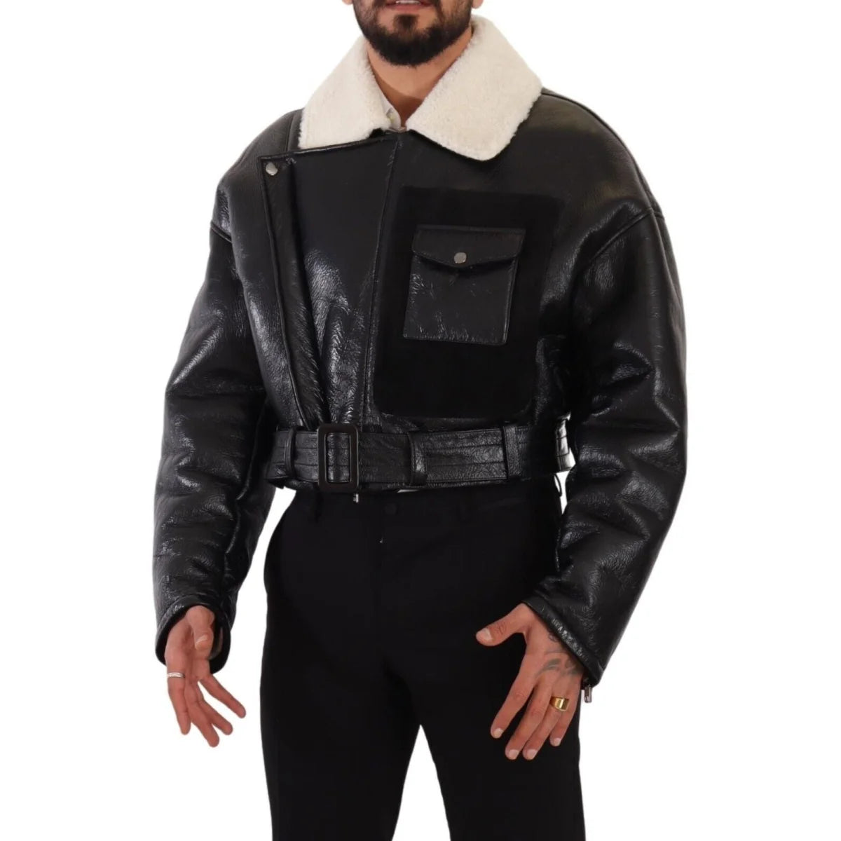 Dolce Gabbana Lambskin Leather Shearling Biker Jacket Logo Details &