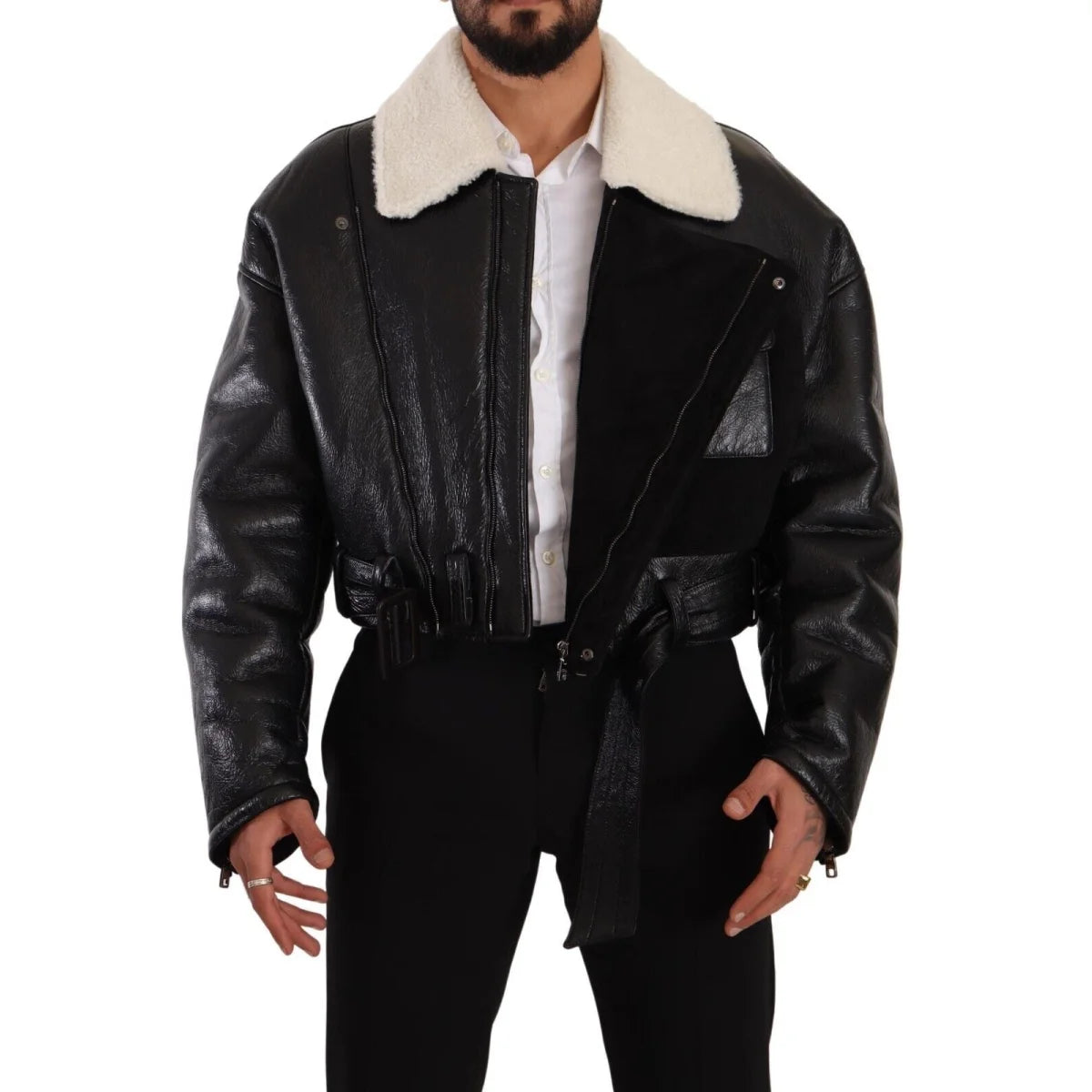 Dolce Gabbana Lambskin Leather Shearling Biker Jacket Logo Details &