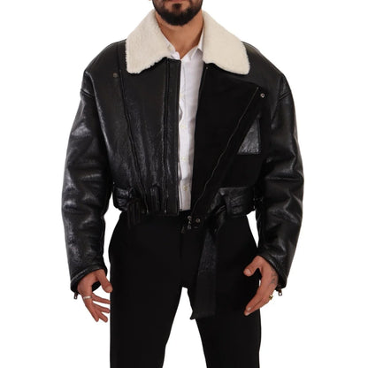 Dolce Gabbana Lambskin Leather Shearling Biker Jacket Logo Details &