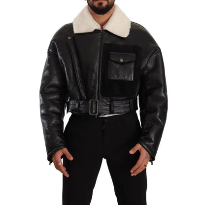Dolce Gabbana Lambskin Leather Shearling Biker Jacket Logo Details &