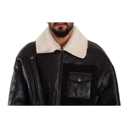 Dolce Gabbana Lambskin Leather Shearling Biker Jacket Logo Details &