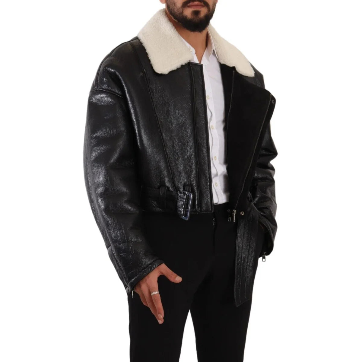Dolce Gabbana Lambskin Leather Shearling Biker Jacket Logo Details &