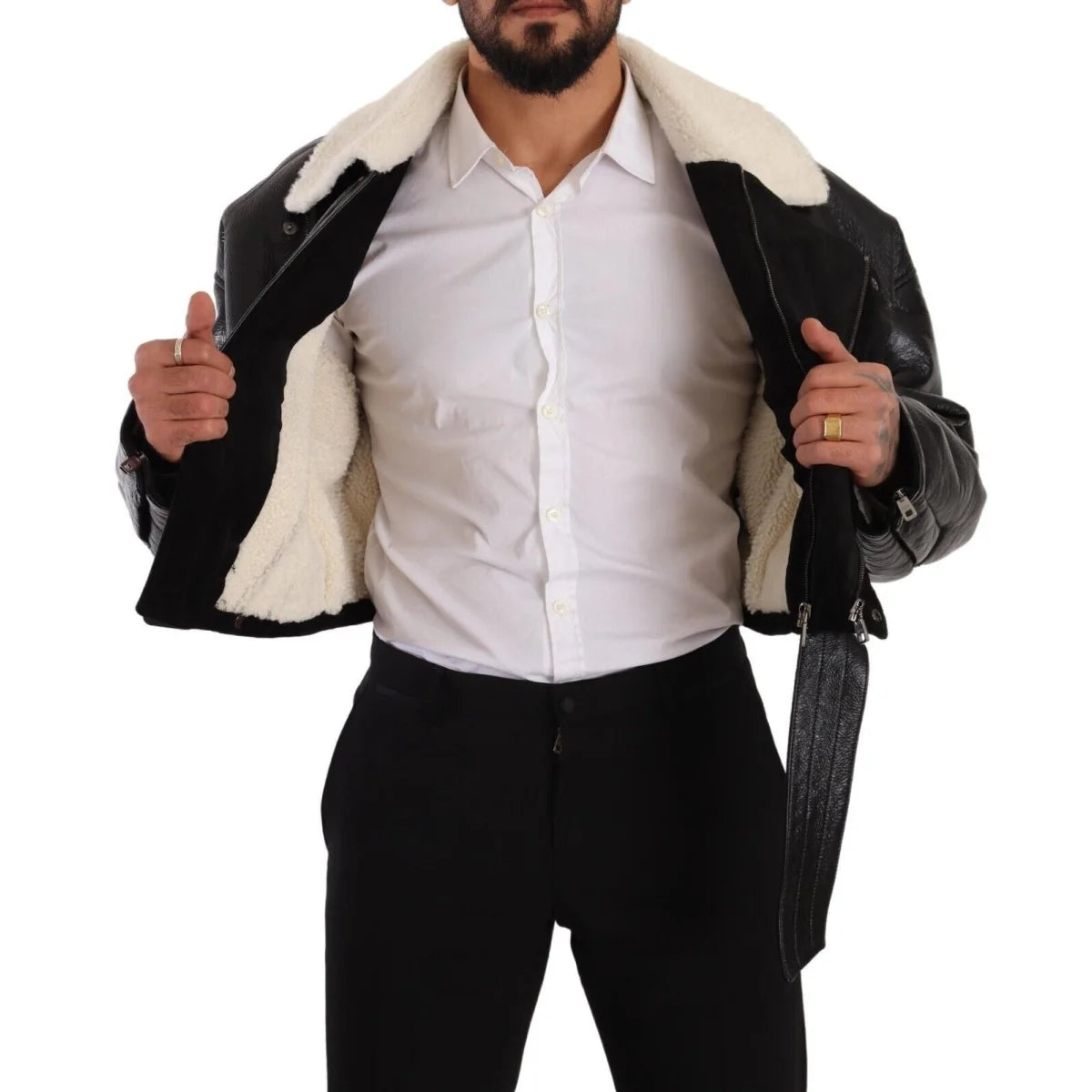 Dolce Gabbana Lambskin Leather Shearling Biker Jacket Logo Details &