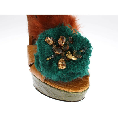 Dolce & Gabbana Leather Crystal Platform Sandals Adjustable Buckle Ankle