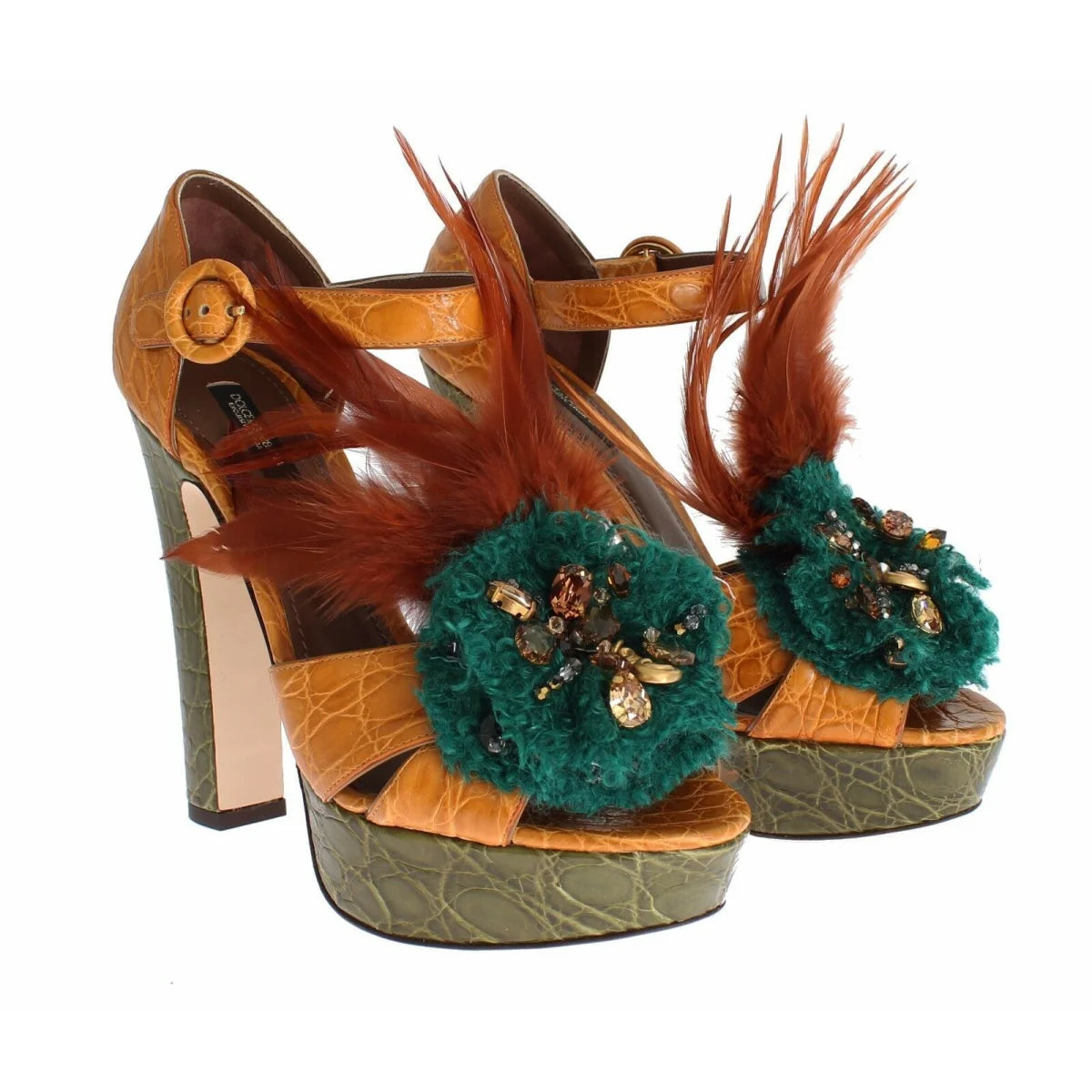 Dolce & Gabbana Leather Crystal Platform Sandals Adjustable Buckle Ankle