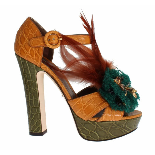 Dolce & Gabbana Leather Crystal Platform Sandals Adjustable Buckle Ankle